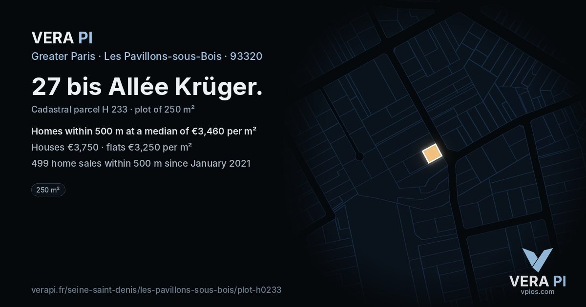 27 bis Allée Krüger, Les Pavillons-sous-Bois at night – the plot lit, the parcels around coloured by the prices near them
