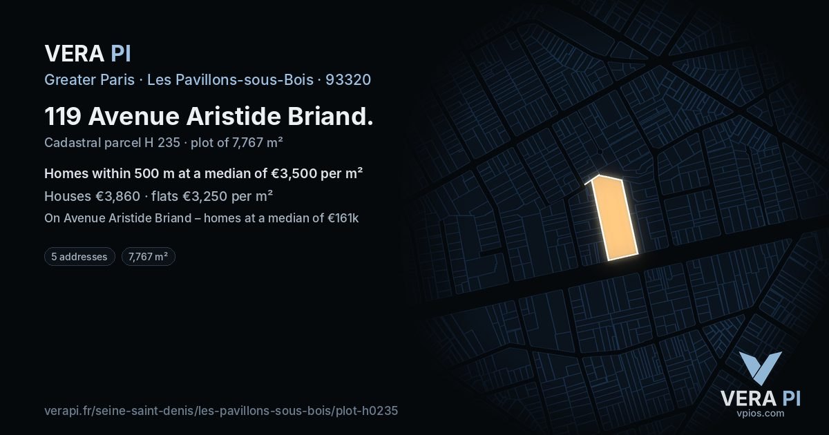 119 Avenue Aristide Briand, Les Pavillons-sous-Bois at night – the plot lit, the parcels around coloured by the prices near them