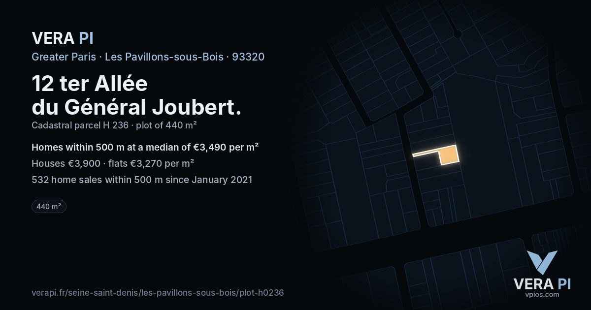 12 ter Allée du Général Joubert, Les Pavillons-sous-Bois at night – the plot lit, the parcels around coloured by the prices near them