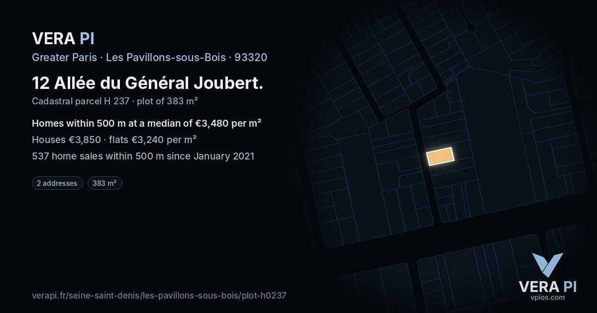 12 Allée du Général Joubert, Les Pavillons-sous-Bois at night – the plot lit, the parcels around coloured by the prices near them