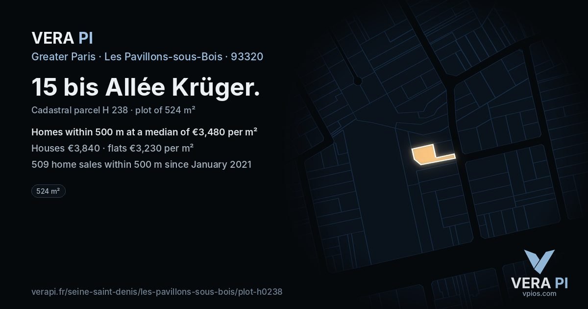 15 bis Allée Krüger, Les Pavillons-sous-Bois at night – the plot lit, the parcels around coloured by the prices near them