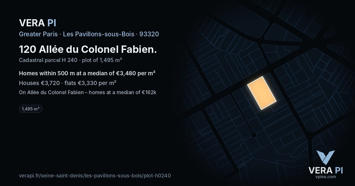 120 Allée du Colonel Fabien, Les Pavillons-sous-Bois at night – the plot lit, the parcels around coloured by the prices near them