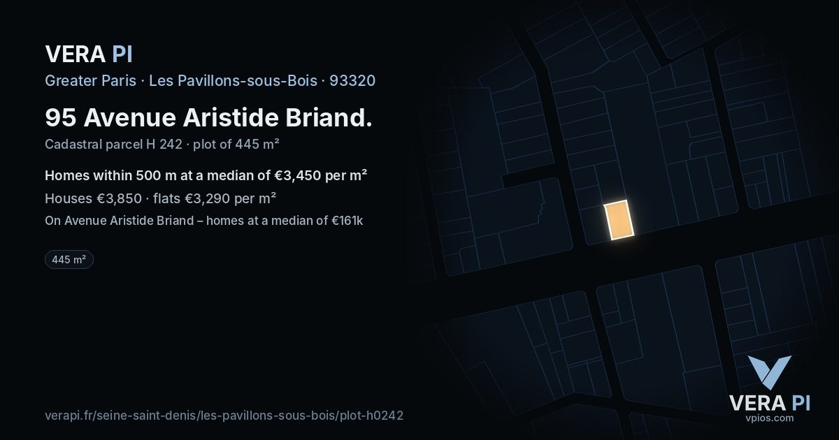 95 Avenue Aristide Briand, Les Pavillons-sous-Bois at night – the plot lit, the parcels around coloured by the prices near them