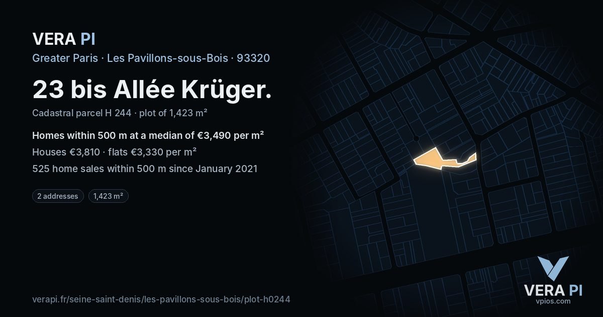 23 bis Allée Krüger, Les Pavillons-sous-Bois at night – the plot lit, the parcels around coloured by the prices near them
