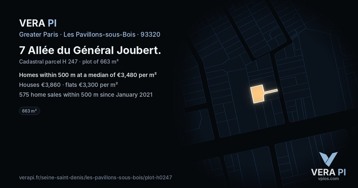 7 Allée du Général Joubert, Les Pavillons-sous-Bois at night – the plot lit, the parcels around coloured by the prices near them