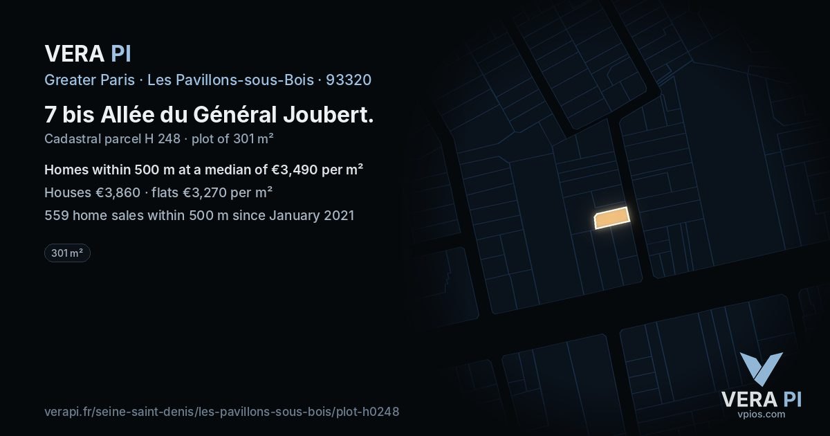 7 bis Allée du Général Joubert, Les Pavillons-sous-Bois at night – the plot lit, the parcels around coloured by the prices near them