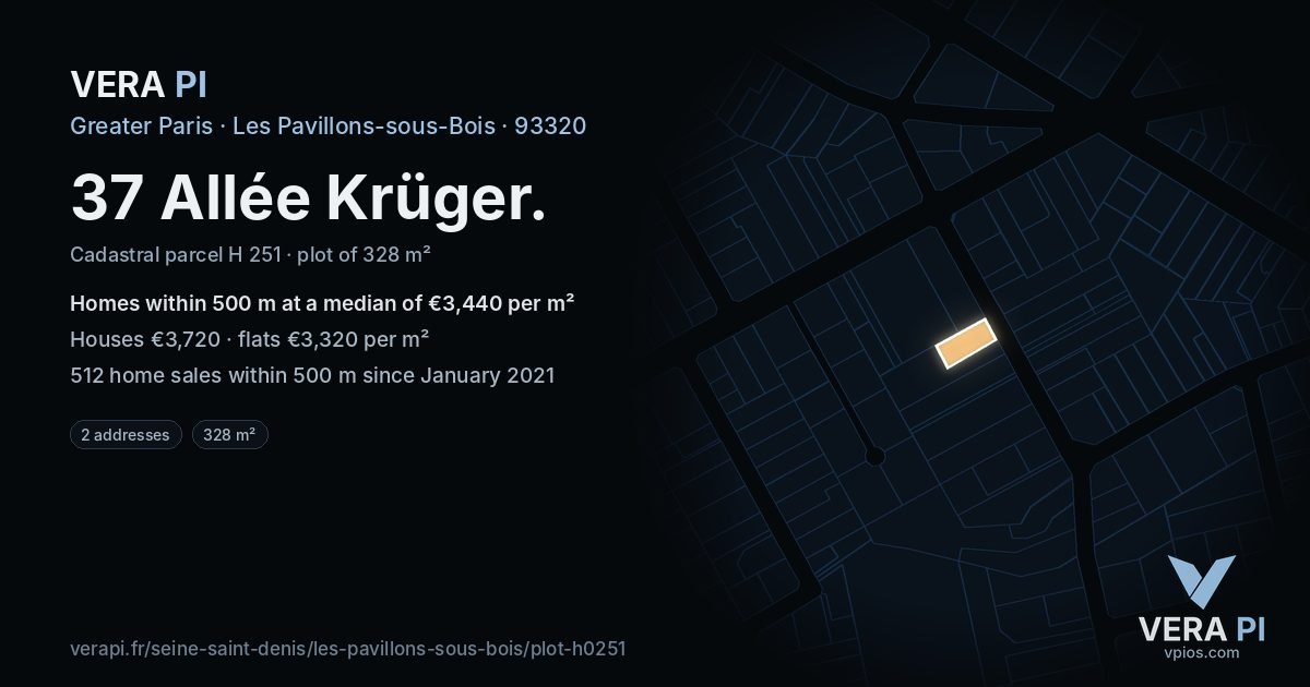 37 Allée Krüger, Les Pavillons-sous-Bois at night – the plot lit, the parcels around coloured by the prices near them