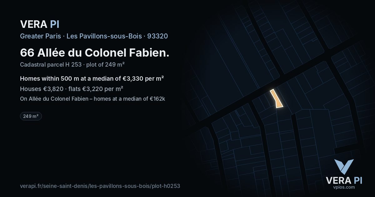 66 Allée du Colonel Fabien, Les Pavillons-sous-Bois at night – the plot lit, the parcels around coloured by the prices near them