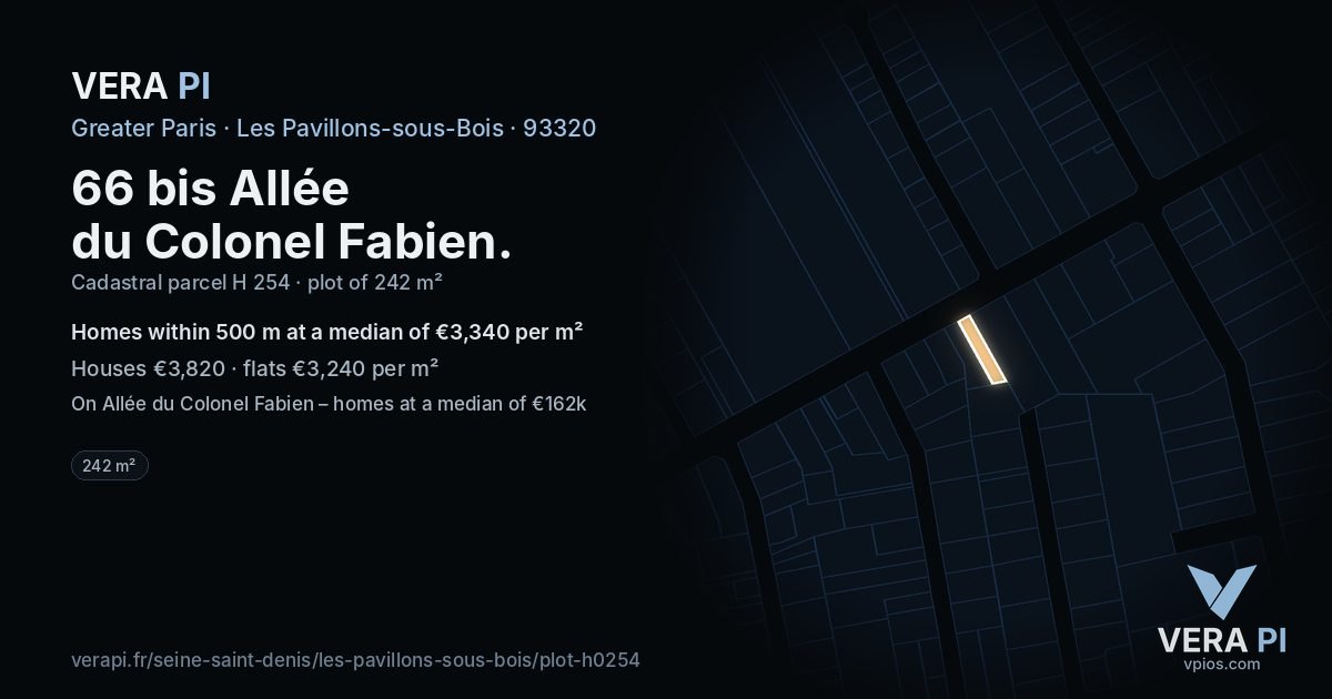66 bis Allée du Colonel Fabien, Les Pavillons-sous-Bois at night – the plot lit, the parcels around coloured by the prices near them