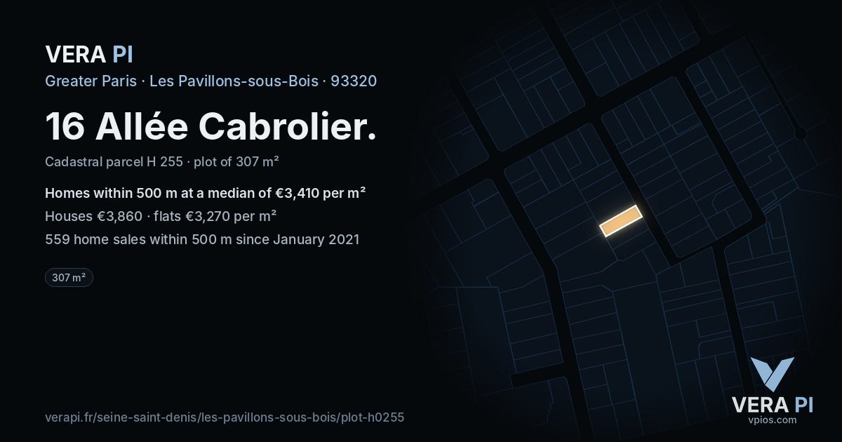16 Allée Cabrolier, Les Pavillons-sous-Bois at night – the plot lit, the parcels around coloured by the prices near them