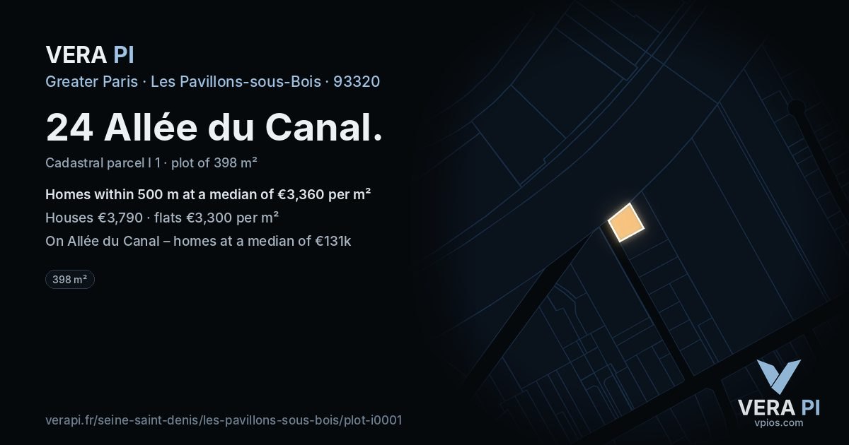 24 Allée du Canal, Les Pavillons-sous-Bois at night – the plot lit, the parcels around coloured by the prices near them