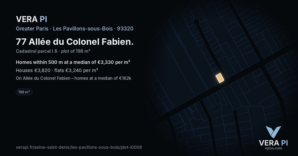 77 Allée du Colonel Fabien, Les Pavillons-sous-Bois at night – the plot lit, the parcels around coloured by the prices near them