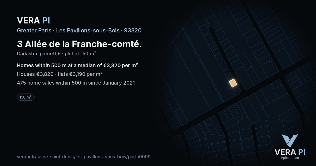 3 Allée de la Franche-comté, Les Pavillons-sous-Bois at night – the plot lit, the parcels around coloured by the prices near them
