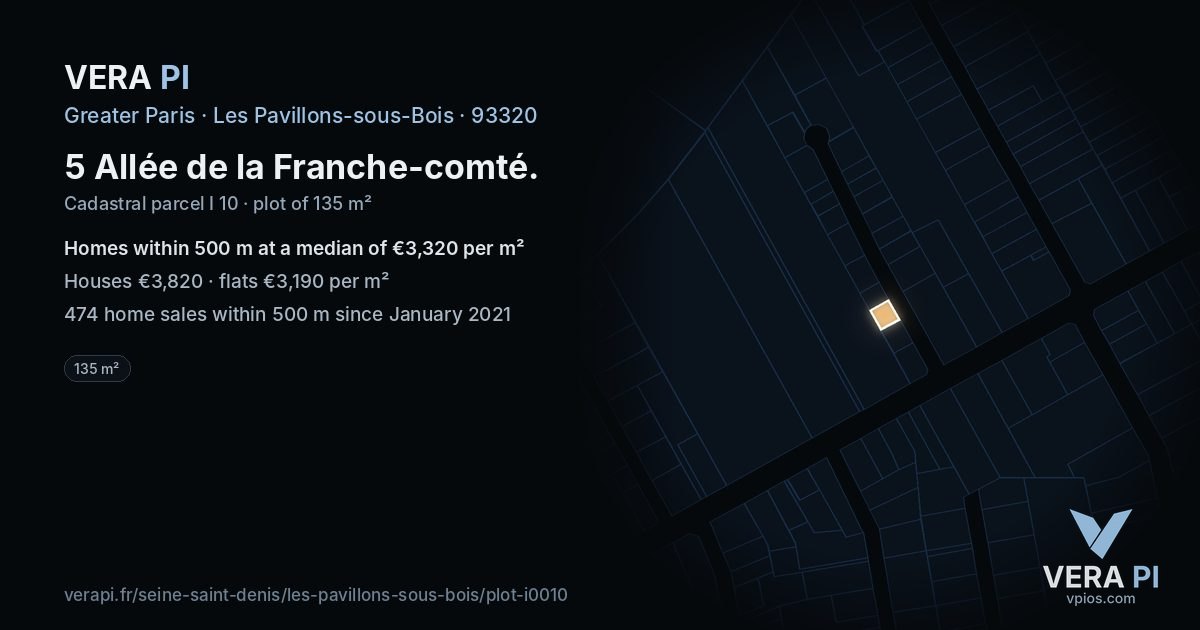 5 Allée de la Franche-comté, Les Pavillons-sous-Bois at night – the plot lit, the parcels around coloured by the prices near them