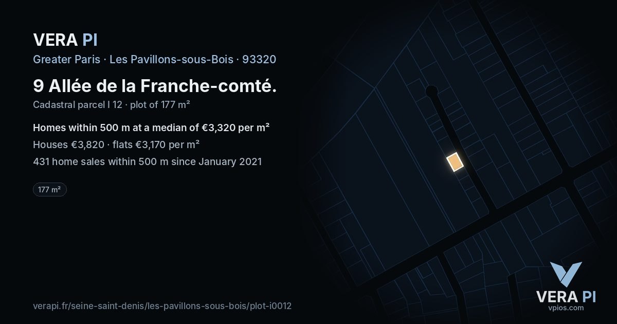 9 Allée de la Franche-comté, Les Pavillons-sous-Bois at night – the plot lit, the parcels around coloured by the prices near them
