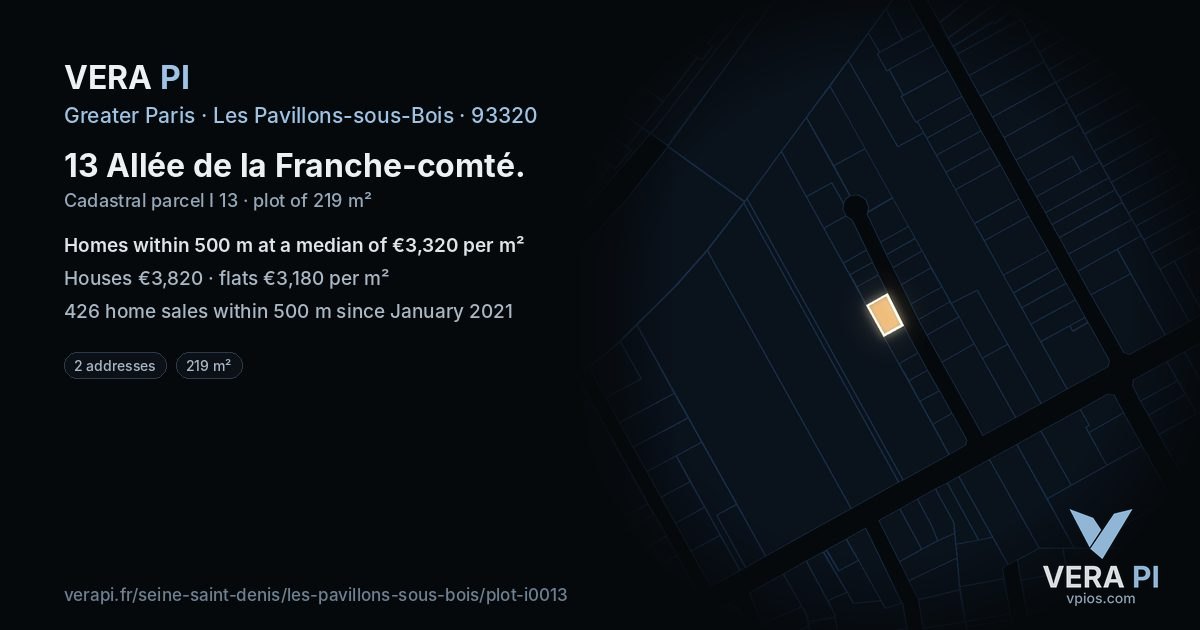 13 Allée de la Franche-comté, Les Pavillons-sous-Bois at night – the plot lit, the parcels around coloured by the prices near them