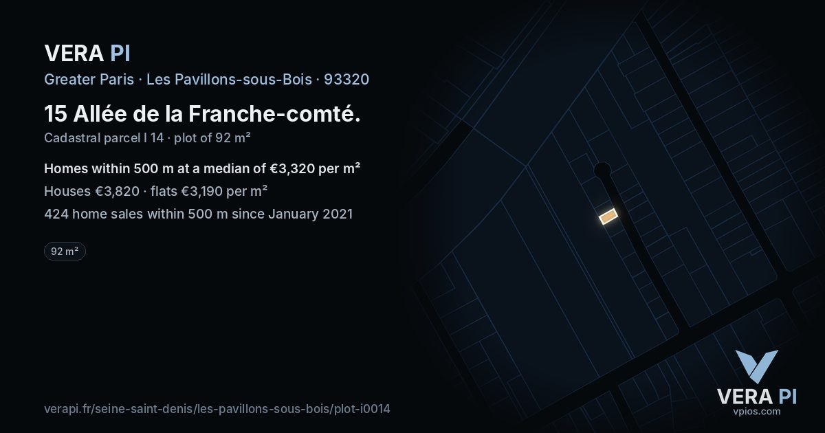 15 Allée de la Franche-comté, Les Pavillons-sous-Bois at night – the plot lit, the parcels around coloured by the prices near them