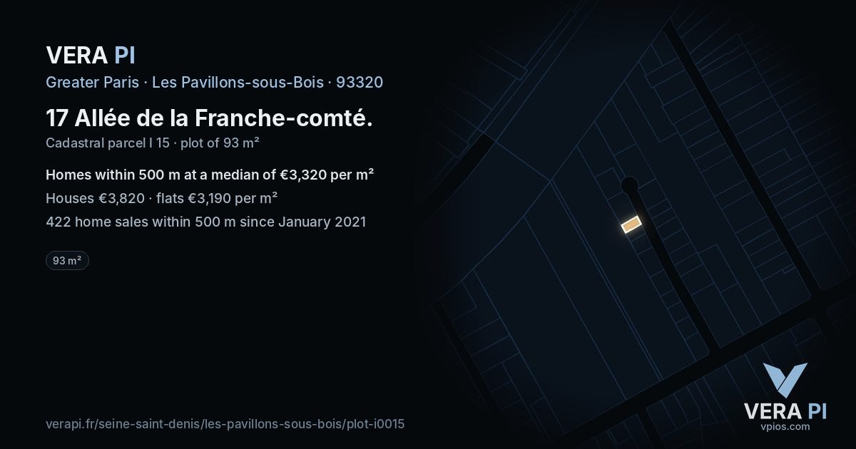 17 Allée de la Franche-comté, Les Pavillons-sous-Bois at night – the plot lit, the parcels around coloured by the prices near them