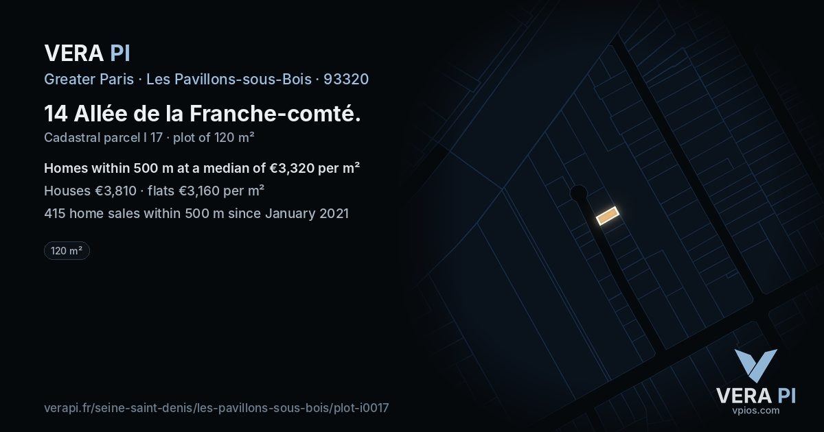 14 Allée de la Franche-comté, Les Pavillons-sous-Bois at night – the plot lit, the parcels around coloured by the prices near them