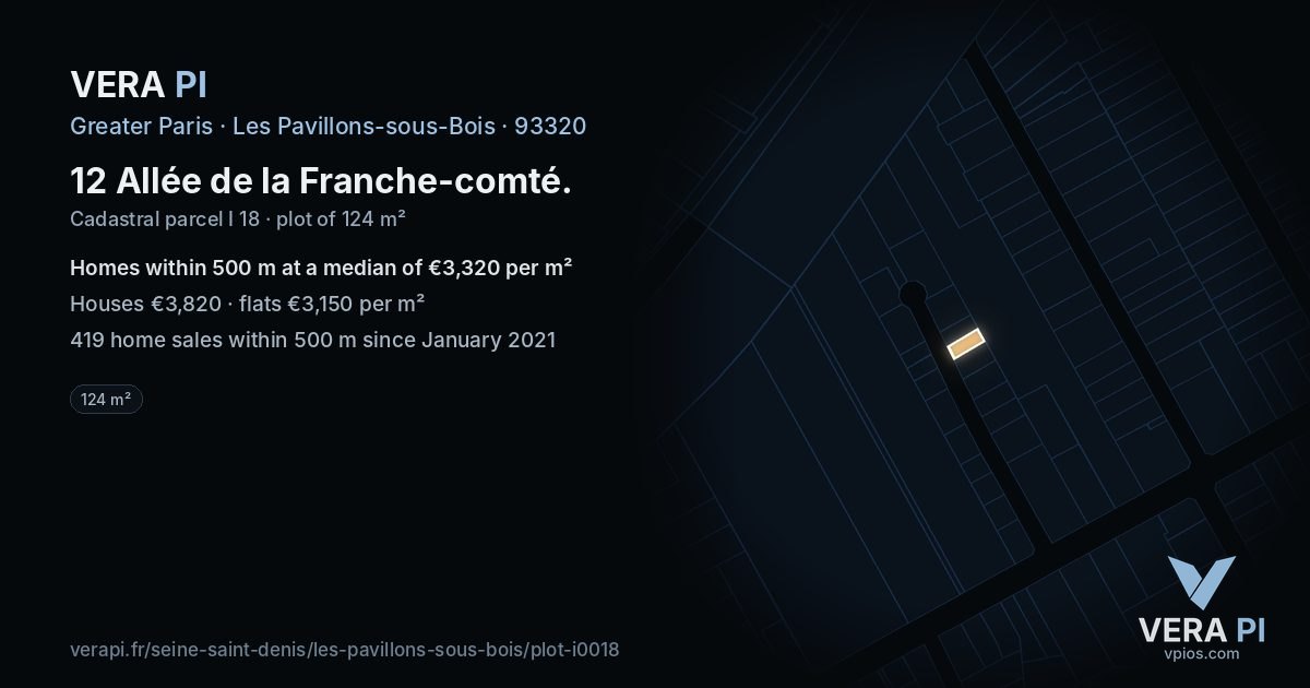 12 Allée de la Franche-comté, Les Pavillons-sous-Bois at night – the plot lit, the parcels around coloured by the prices near them