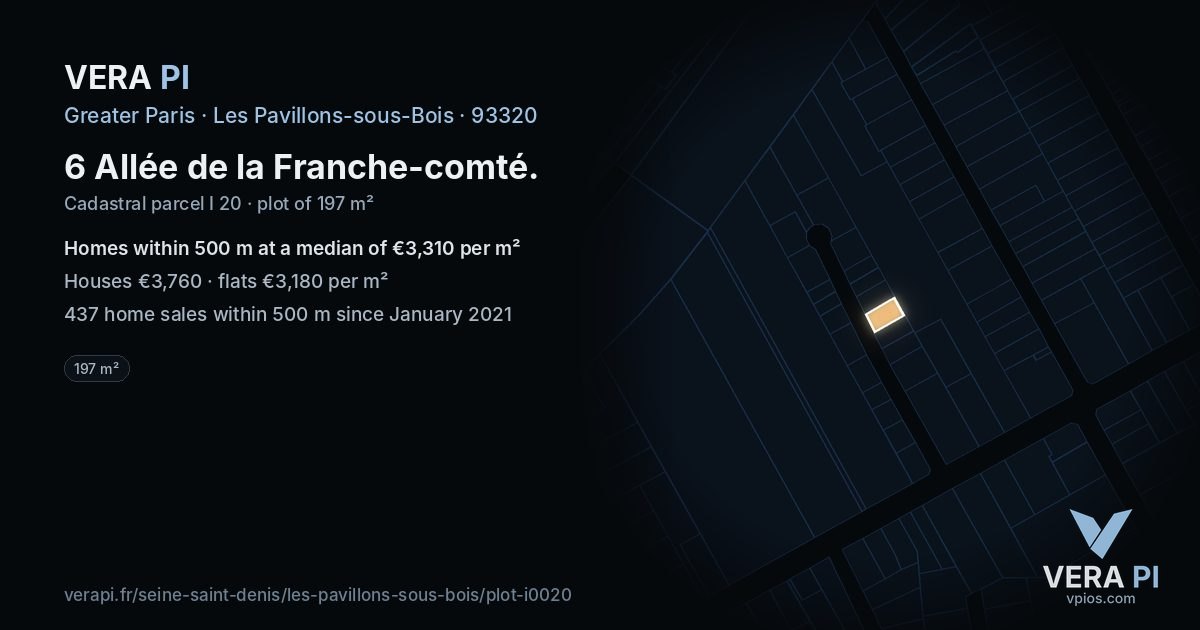 6 Allée de la Franche-comté, Les Pavillons-sous-Bois at night – the plot lit, the parcels around coloured by the prices near them