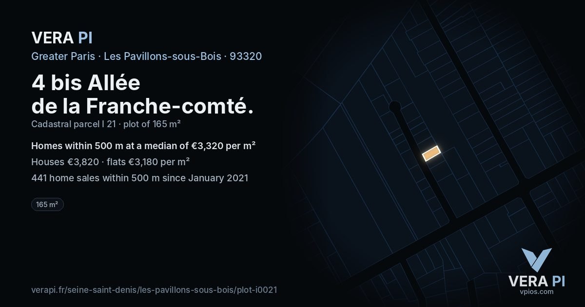 4 bis Allée de la Franche-comté, Les Pavillons-sous-Bois at night – the plot lit, the parcels around coloured by the prices near them