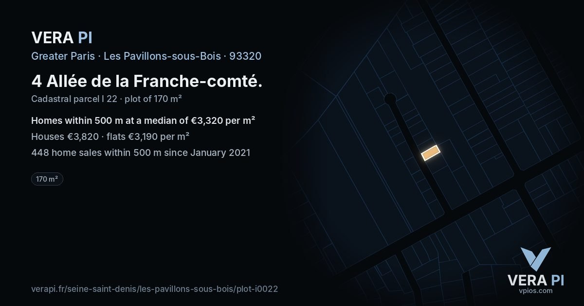 4 Allée de la Franche-comté, Les Pavillons-sous-Bois at night – the plot lit, the parcels around coloured by the prices near them