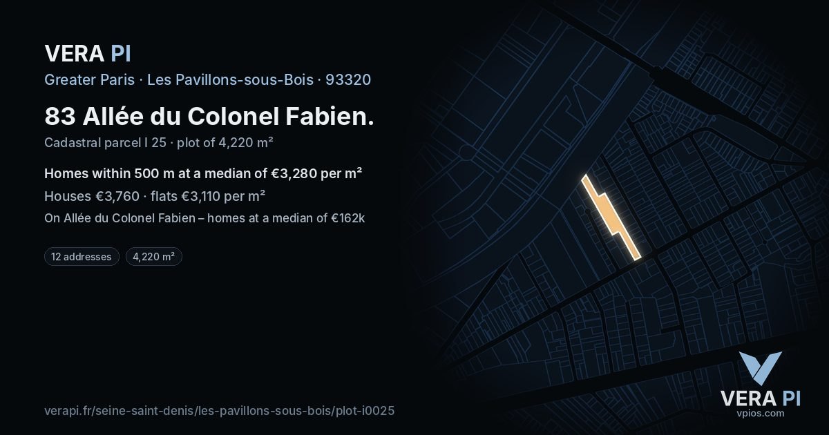 83 Allée du Colonel Fabien, Les Pavillons-sous-Bois at night – the plot lit, the parcels around coloured by the prices near them