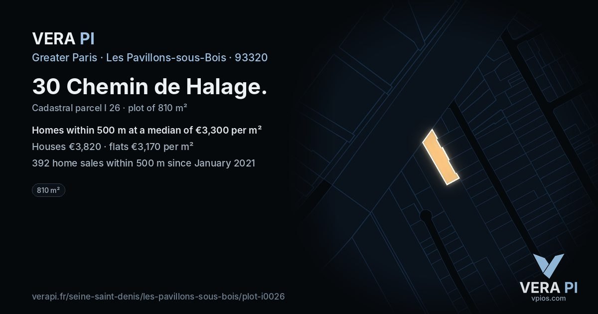 30 Chemin de Halage, Les Pavillons-sous-Bois at night – the plot lit, the parcels around coloured by the prices near them