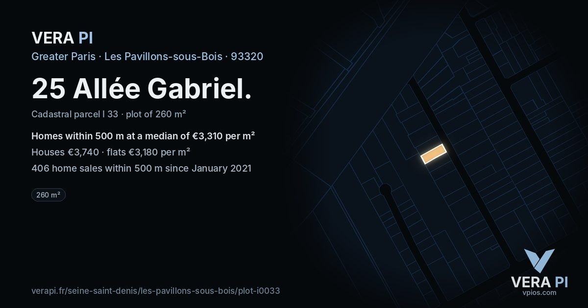 25 Allée Gabriel, Les Pavillons-sous-Bois at night – the plot lit, the parcels around coloured by the prices near them
