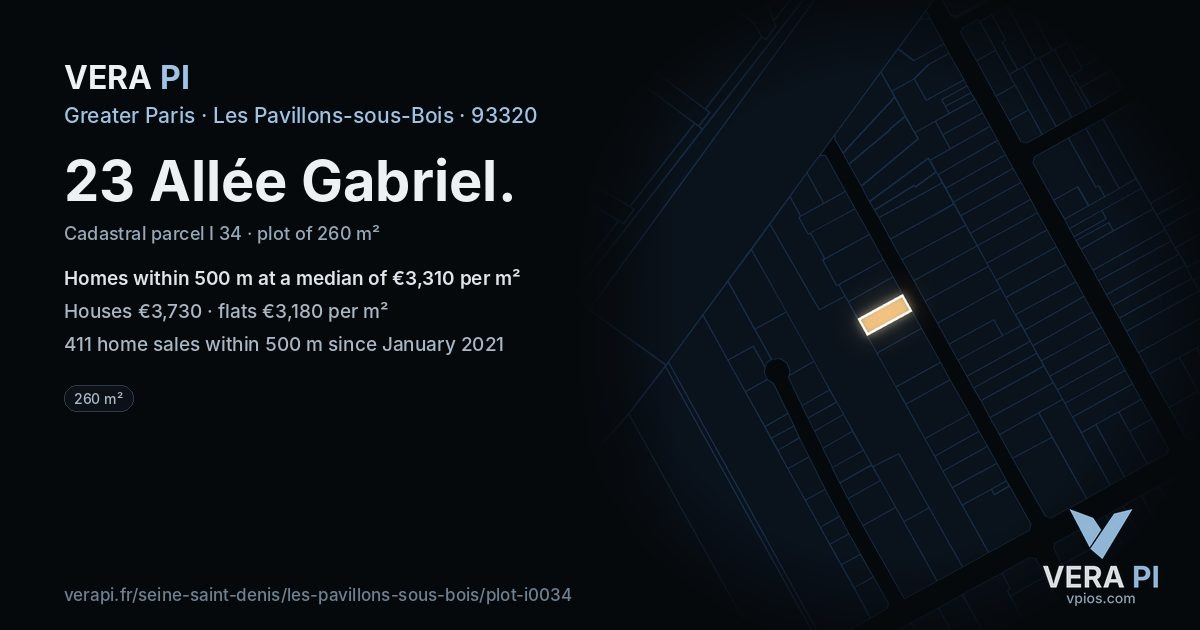 23 Allée Gabriel, Les Pavillons-sous-Bois at night – the plot lit, the parcels around coloured by the prices near them