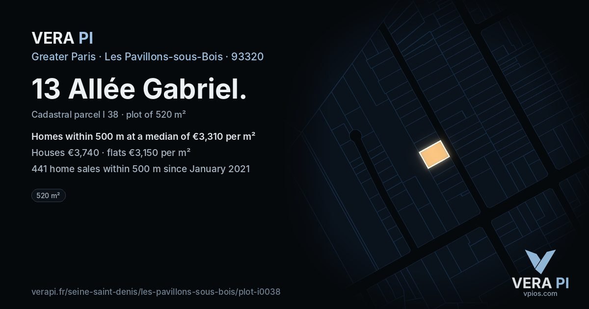 13 Allée Gabriel, Les Pavillons-sous-Bois at night – the plot lit, the parcels around coloured by the prices near them
