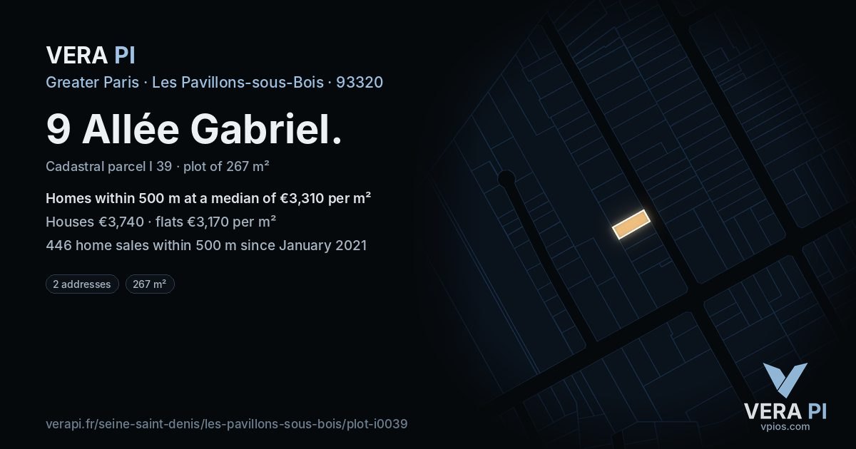 9 Allée Gabriel, Les Pavillons-sous-Bois at night – the plot lit, the parcels around coloured by the prices near them