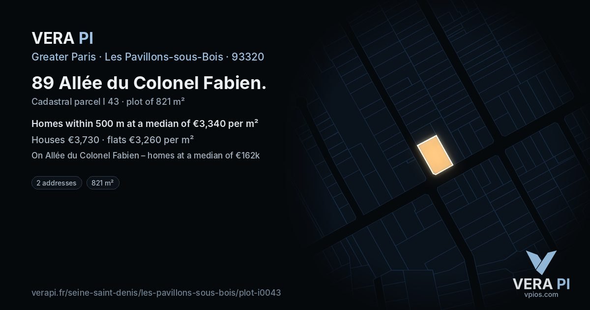 89 Allée du Colonel Fabien, Les Pavillons-sous-Bois at night – the plot lit, the parcels around coloured by the prices near them