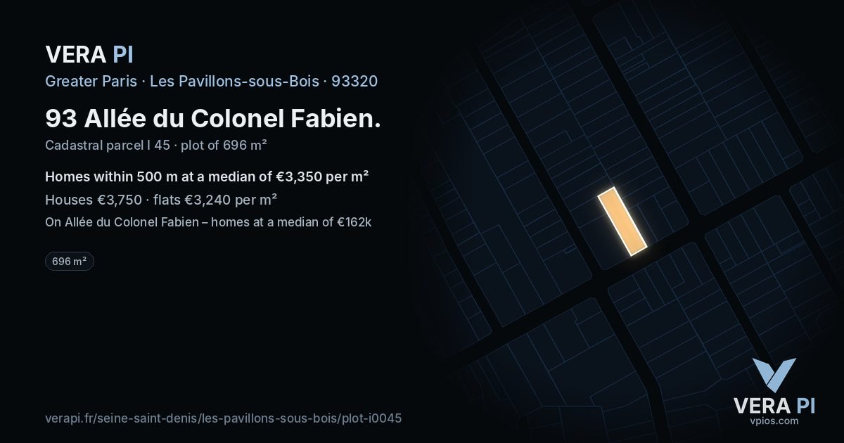 93 Allée du Colonel Fabien, Les Pavillons-sous-Bois at night – the plot lit, the parcels around coloured by the prices near them