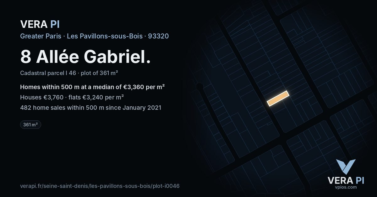 8 Allée Gabriel, Les Pavillons-sous-Bois at night – the plot lit, the parcels around coloured by the prices near them