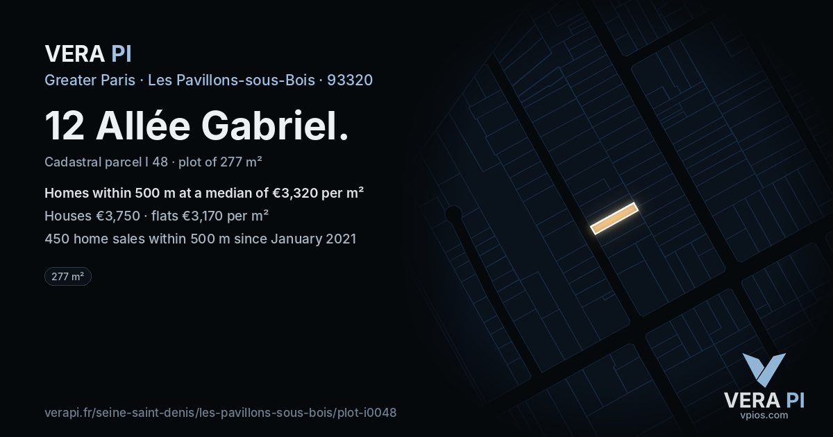 12 Allée Gabriel, Les Pavillons-sous-Bois at night – the plot lit, the parcels around coloured by the prices near them
