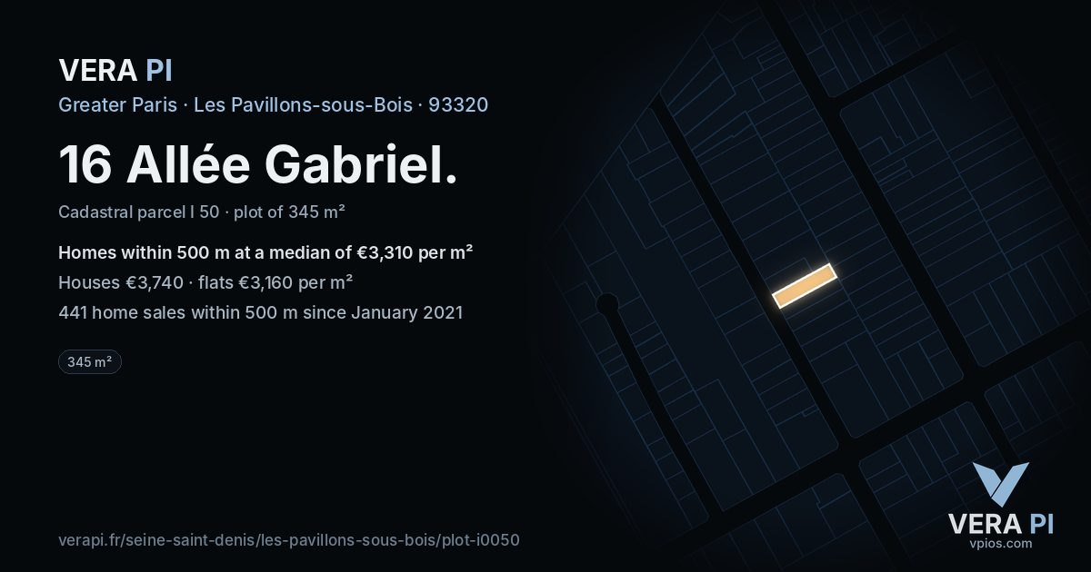 16 Allée Gabriel, Les Pavillons-sous-Bois at night – the plot lit, the parcels around coloured by the prices near them