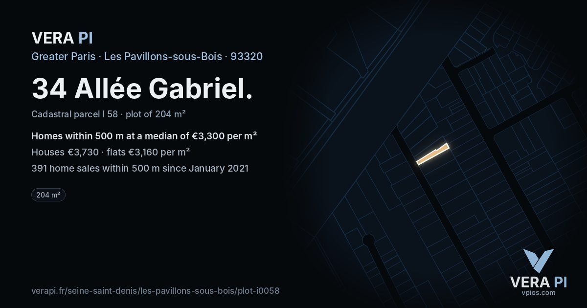 34 Allée Gabriel, Les Pavillons-sous-Bois at night – the plot lit, the parcels around coloured by the prices near them