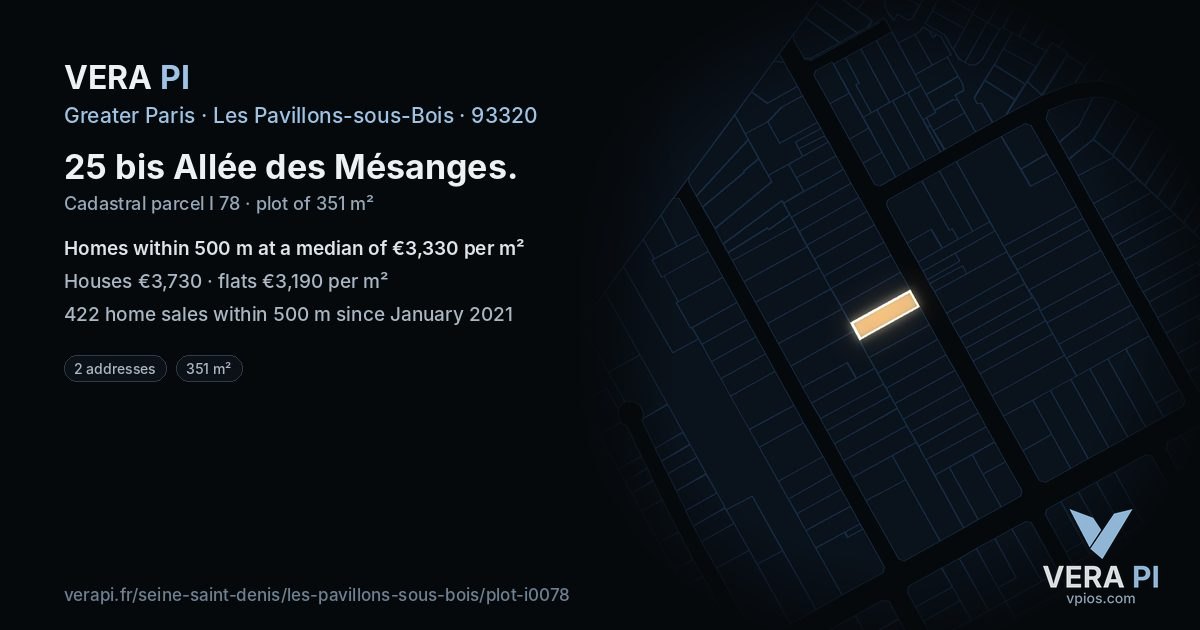 25 bis Allée des Mésanges, Les Pavillons-sous-Bois at night – the plot lit, the parcels around coloured by the prices near them