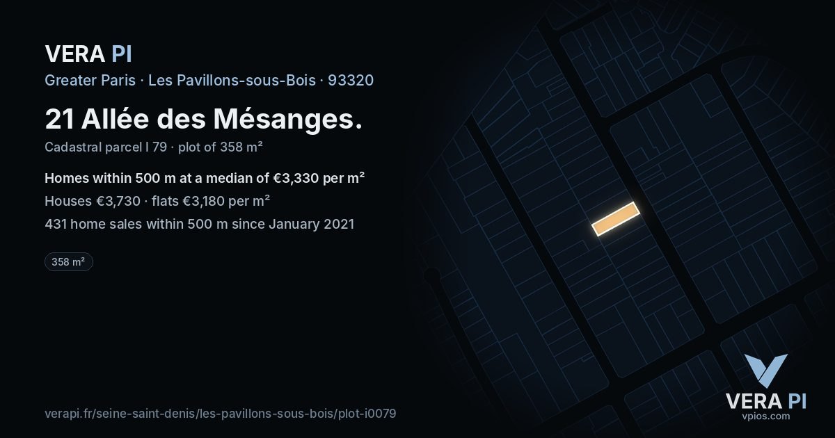 21 Allée des Mésanges, Les Pavillons-sous-Bois at night – the plot lit, the parcels around coloured by the prices near them