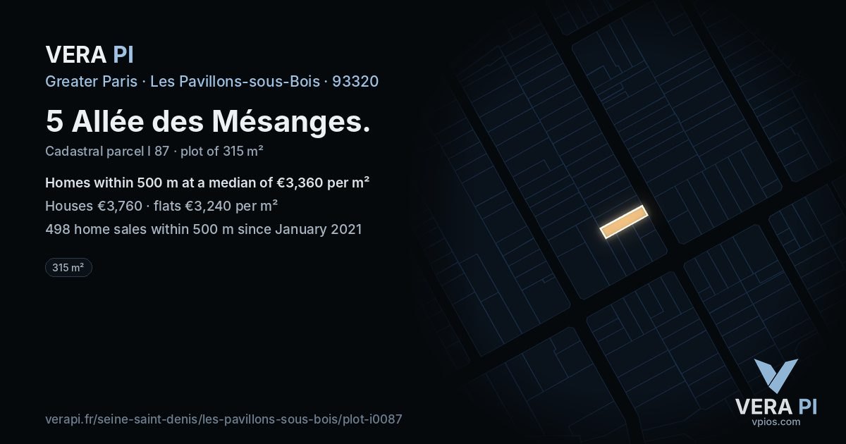 5 Allée des Mésanges, Les Pavillons-sous-Bois at night – the plot lit, the parcels around coloured by the prices near them