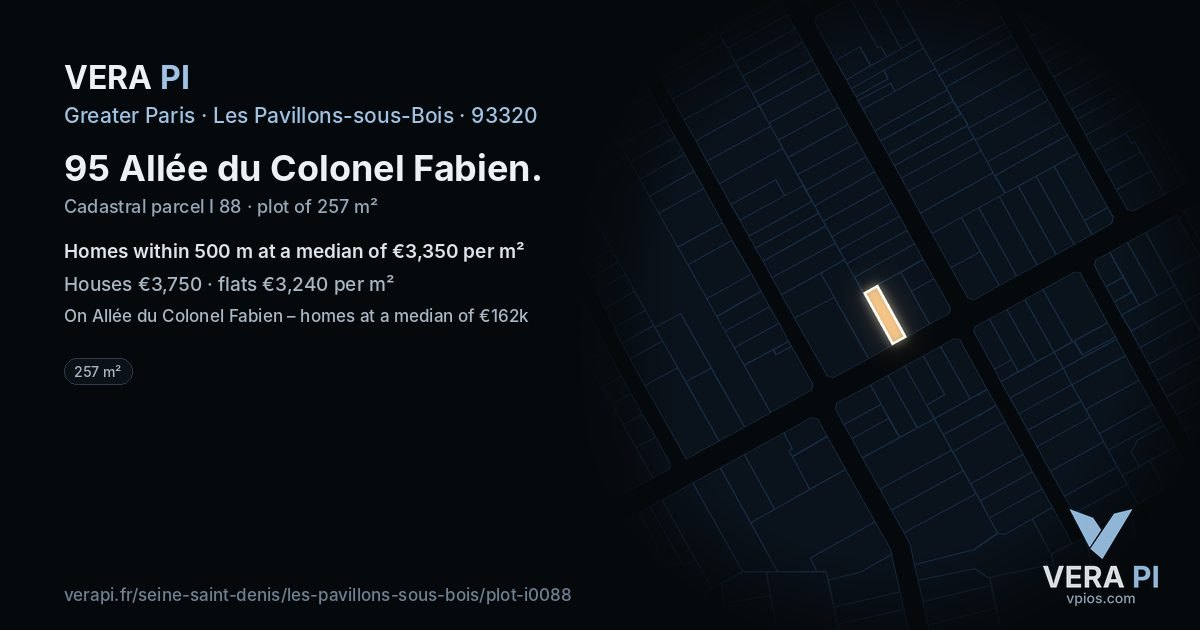 95 Allée du Colonel Fabien, Les Pavillons-sous-Bois at night – the plot lit, the parcels around coloured by the prices near them
