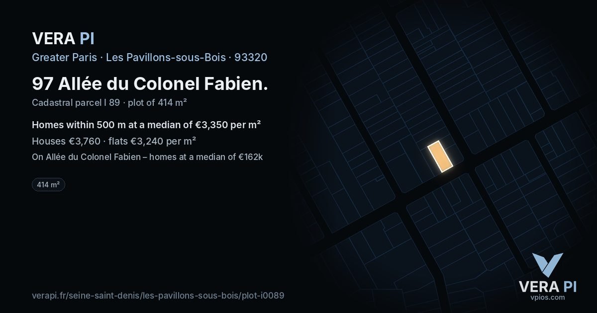 97 Allée du Colonel Fabien, Les Pavillons-sous-Bois at night – the plot lit, the parcels around coloured by the prices near them