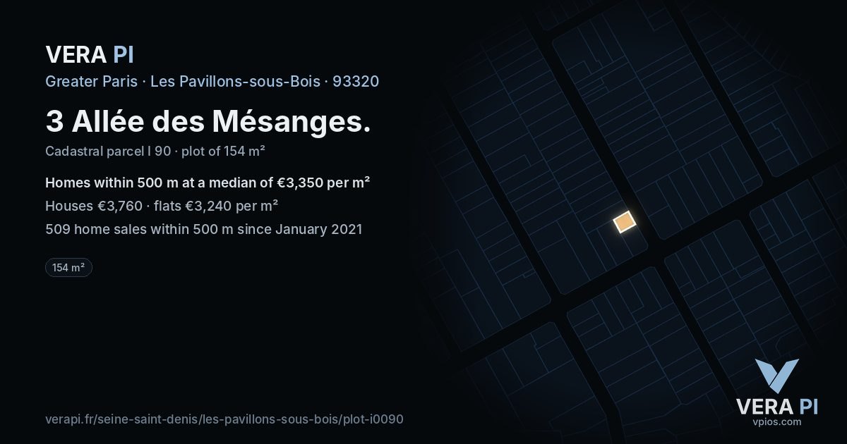 3 Allée des Mésanges, Les Pavillons-sous-Bois at night – the plot lit, the parcels around coloured by the prices near them