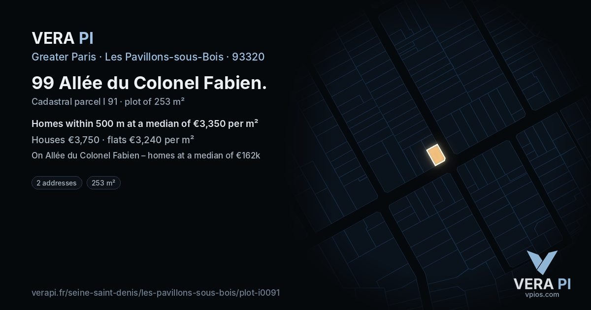99 Allée du Colonel Fabien, Les Pavillons-sous-Bois at night – the plot lit, the parcels around coloured by the prices near them