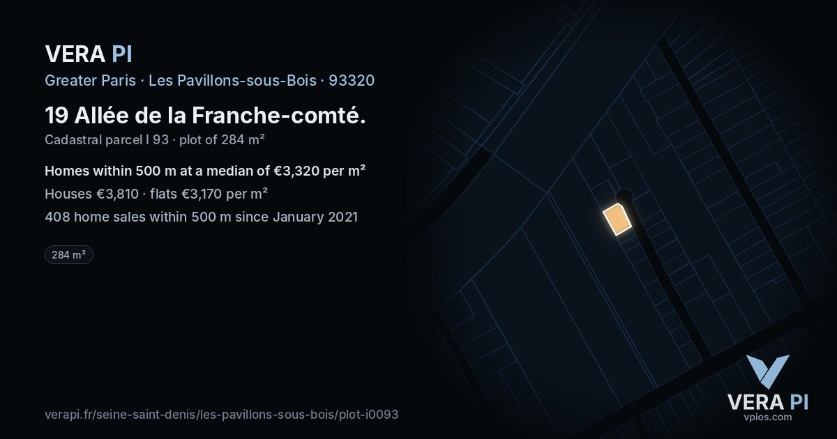 19 Allée de la Franche-comté, Les Pavillons-sous-Bois at night – the plot lit, the parcels around coloured by the prices near them