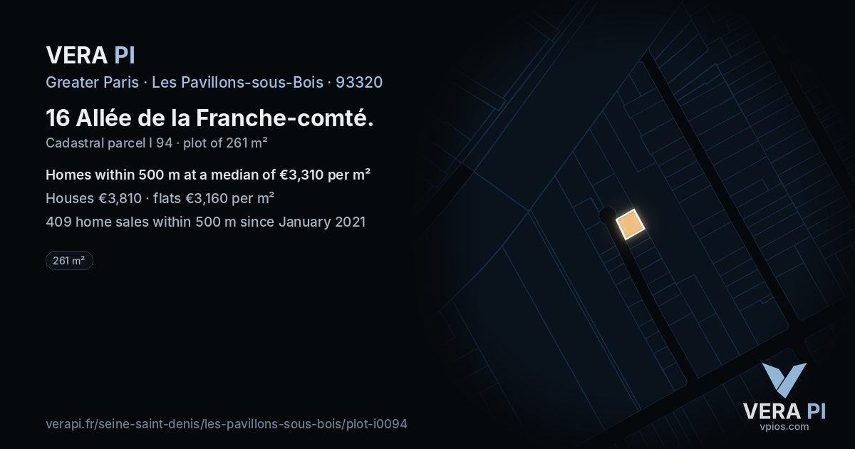 16 Allée de la Franche-comté, Les Pavillons-sous-Bois at night – the plot lit, the parcels around coloured by the prices near them