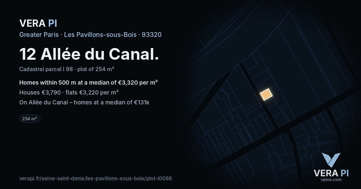 12 Allée du Canal, Les Pavillons-sous-Bois at night – the plot lit, the parcels around coloured by the prices near them