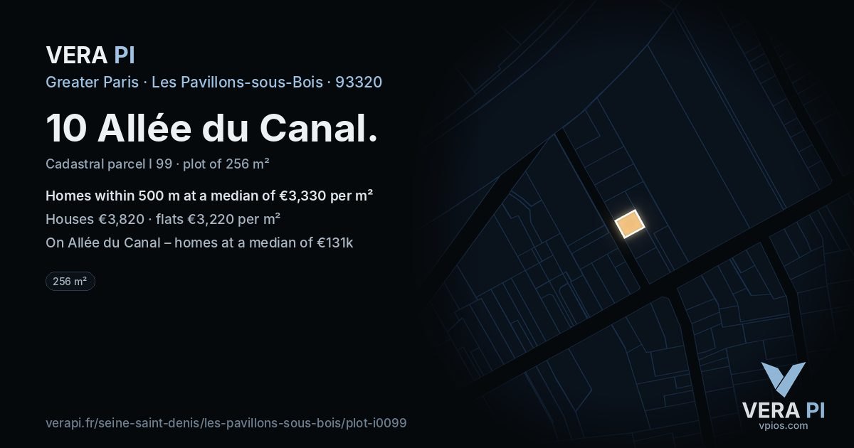 10 Allée du Canal, Les Pavillons-sous-Bois at night – the plot lit, the parcels around coloured by the prices near them